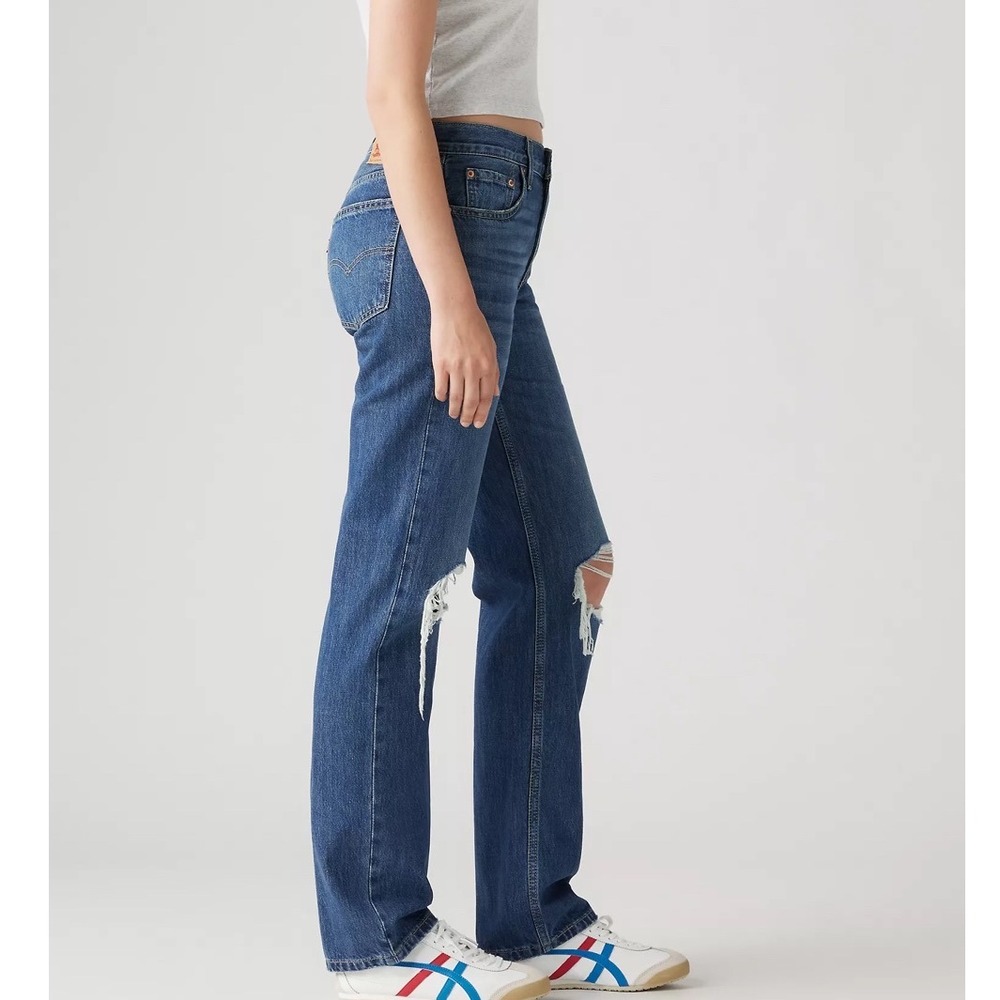 Levis sz 29 Women Blue Low Pro Straight Leg Dark Denim Distressed Baggy Jeans - Picture 3 of 15